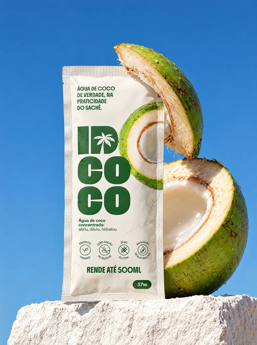 Sachet IDCoco à côté d'une noix de coco ouverte, sous un ciel bleu
