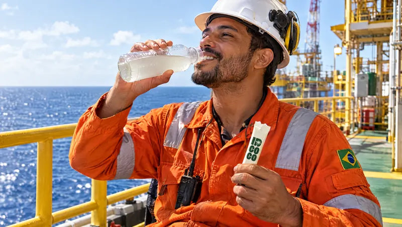 Lavoratore offshore che beve acqua di cocco