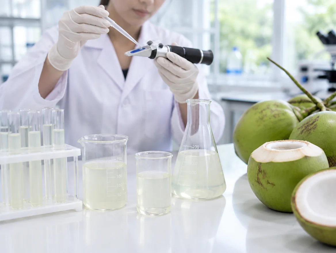 Ricercatrice che misura un campione di acqua di cocco con un rifrattometro in laboratorio