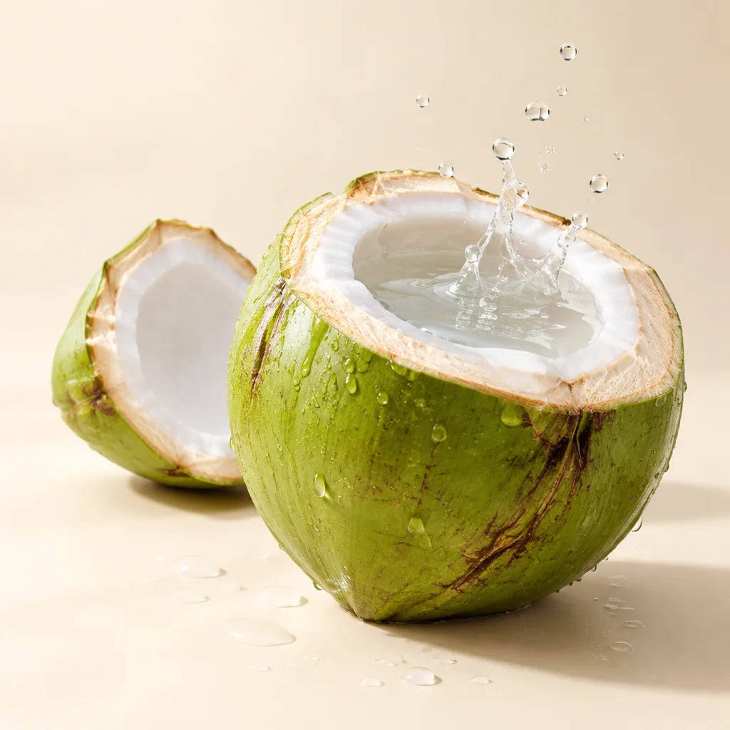 Cocco verde aperto con l'acqua che schizza