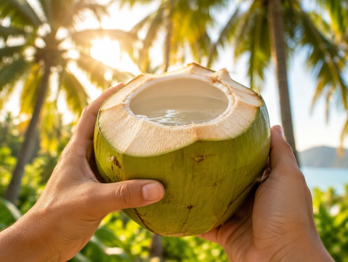 Mani che tengono un cocco verde aperto, con l'acqua in vista, alla luce del sole