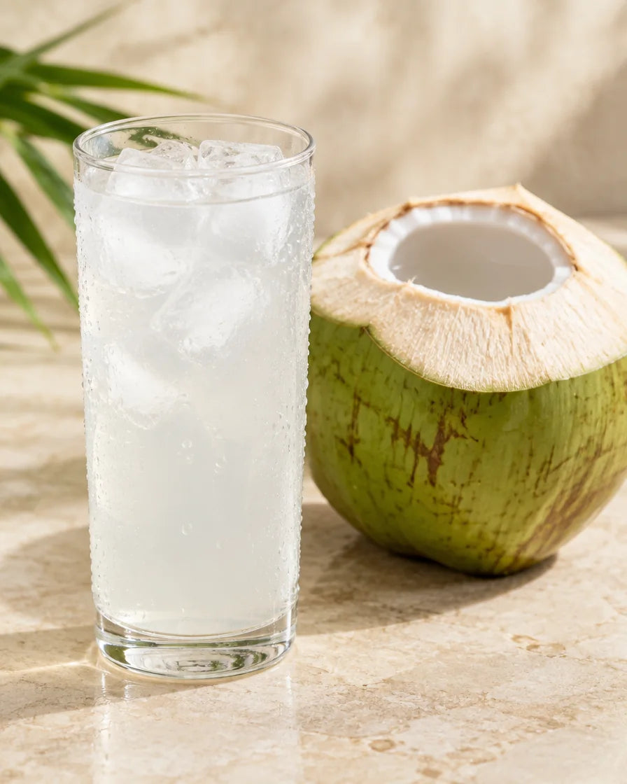 Bicchiere di acqua di cocco con ghiaccio accanto a un cocco verde aperto