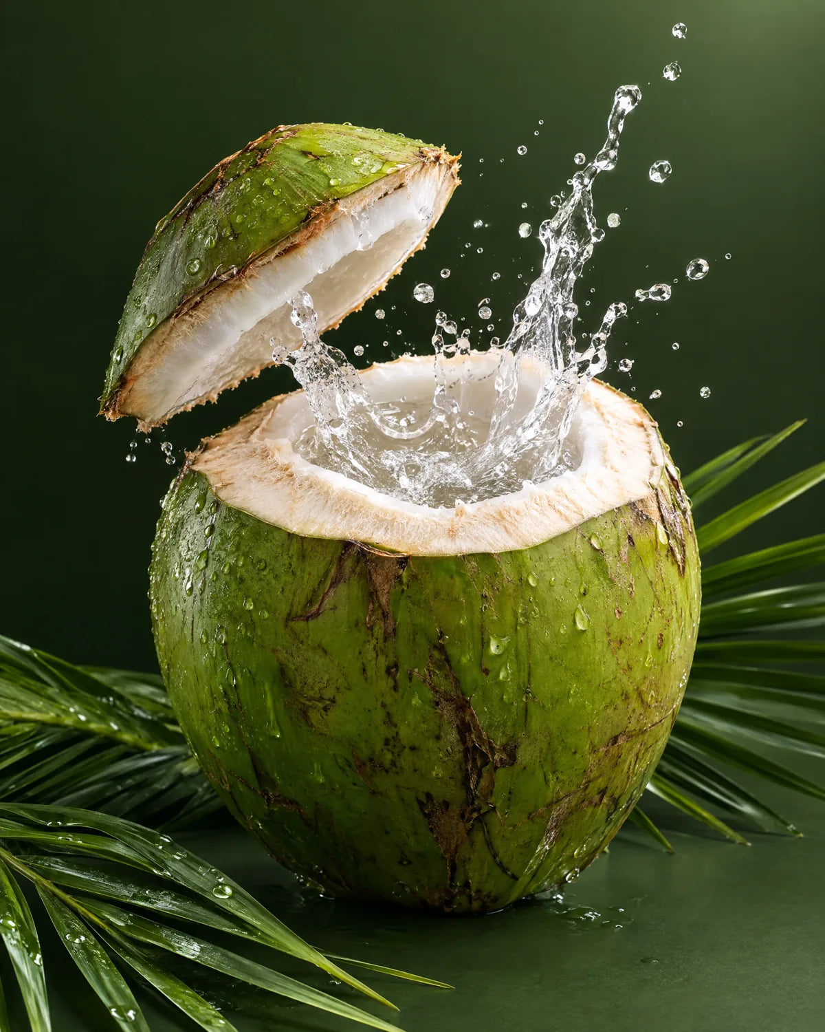 Noix de coco verte ouverte, le chapeau en l'air et l'eau qui gicle