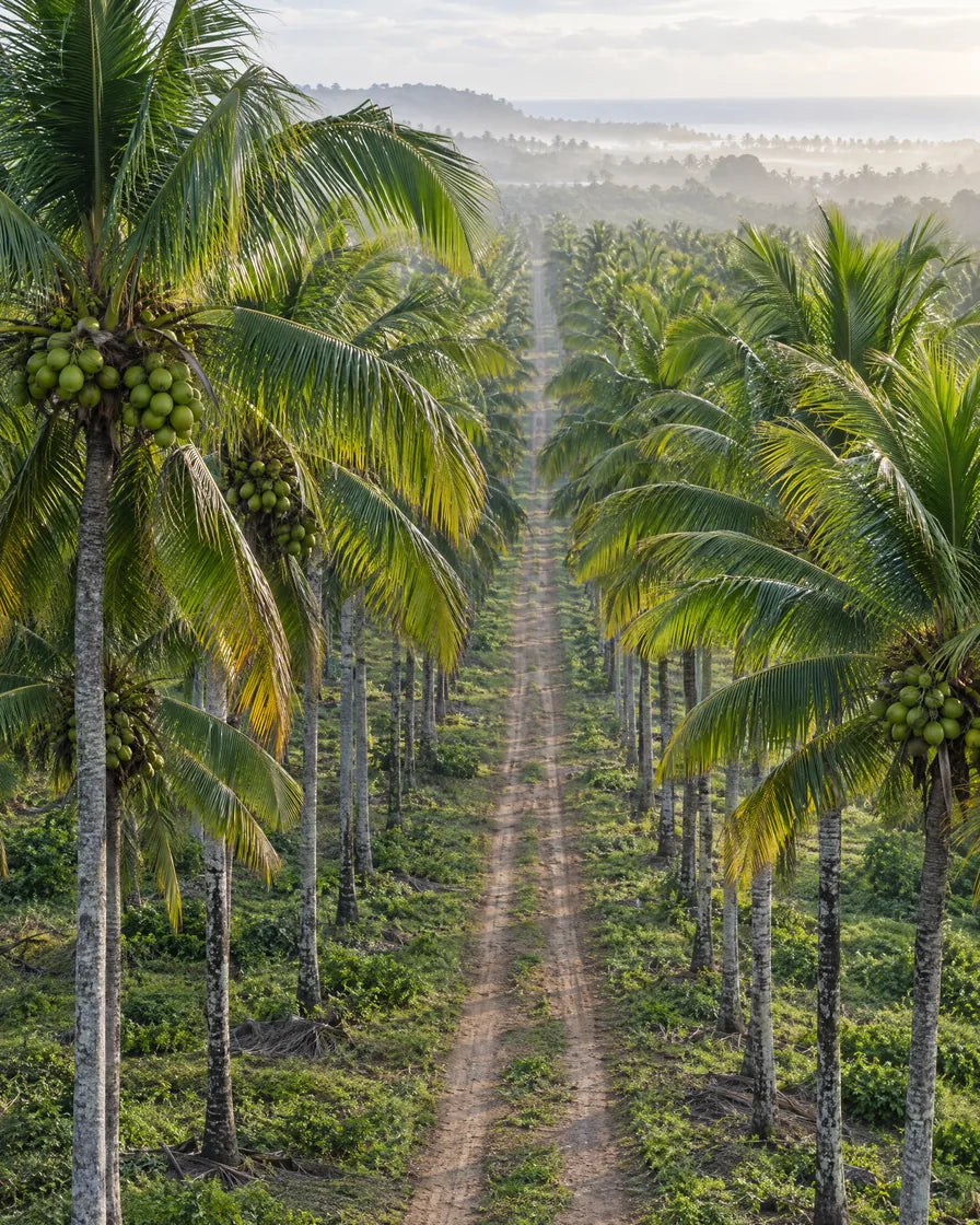 Filari di palme da cocco cariche di cocchi verdi, con una strada sterrata in mezzo