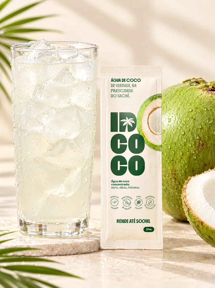 Verre d'eau de coco avec glaçons à côté d'un sachet IDCoco et d'une noix de coco verte